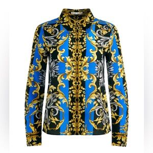 Alice + Olivia Willa Placket Top in Regal Romance Sapphire XS